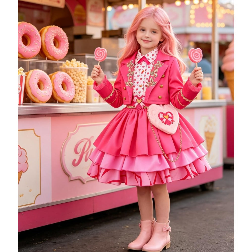 Girl wearing a pink princess dress with heart bag at a pink candy shop