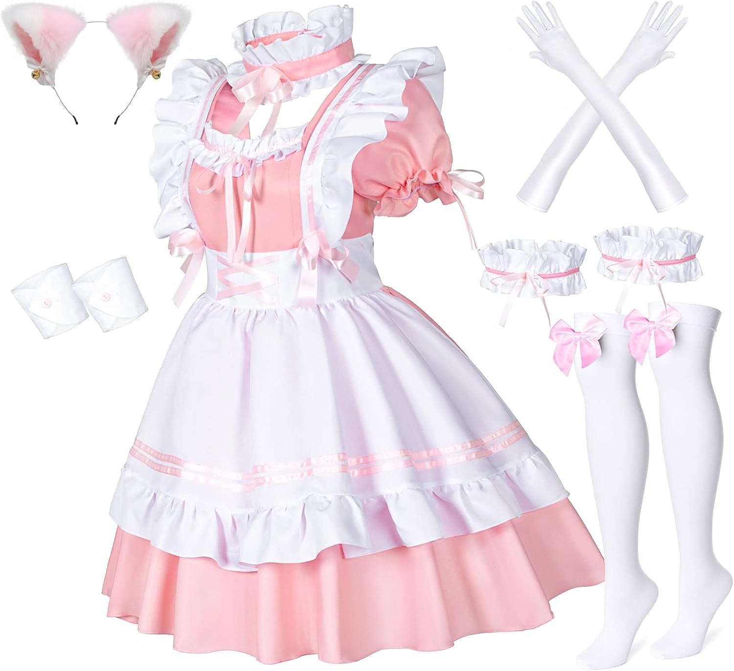 Cosfaire Kawaii French Maid Lolita Cosplay Costume Set with Cat Ears, Apron & Accessories - View 11