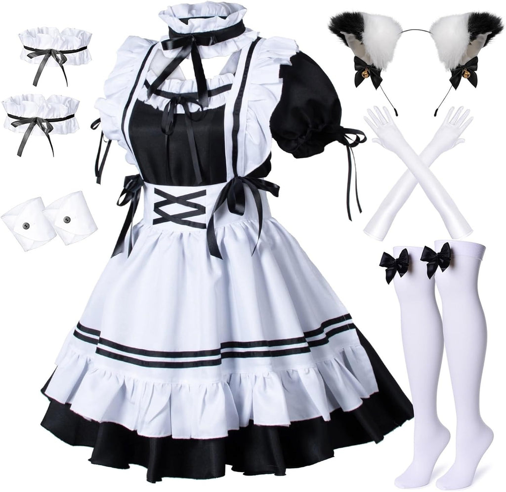 Cosfaire Kawaii French Maid Lolita Cosplay Costume Set with Cat Ears, Apron & Accessories