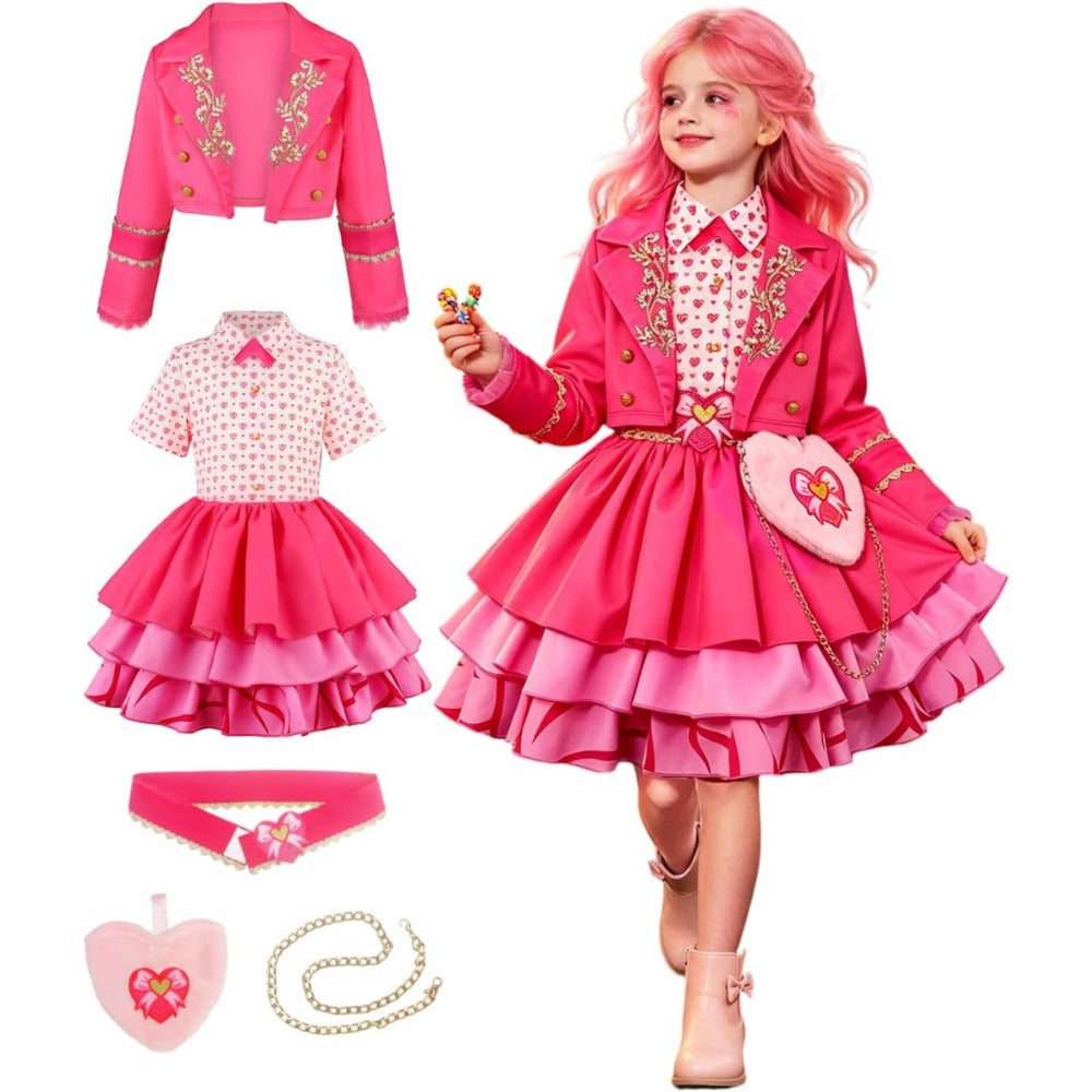 Girls pink princess costume set with layered dress, cropped jacket and heart bag