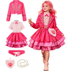Girls pink princess costume set with layered dress, cropped jacket and heart bag