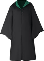 Front view of a black hooded wizard robe with green lining and wide sleeves