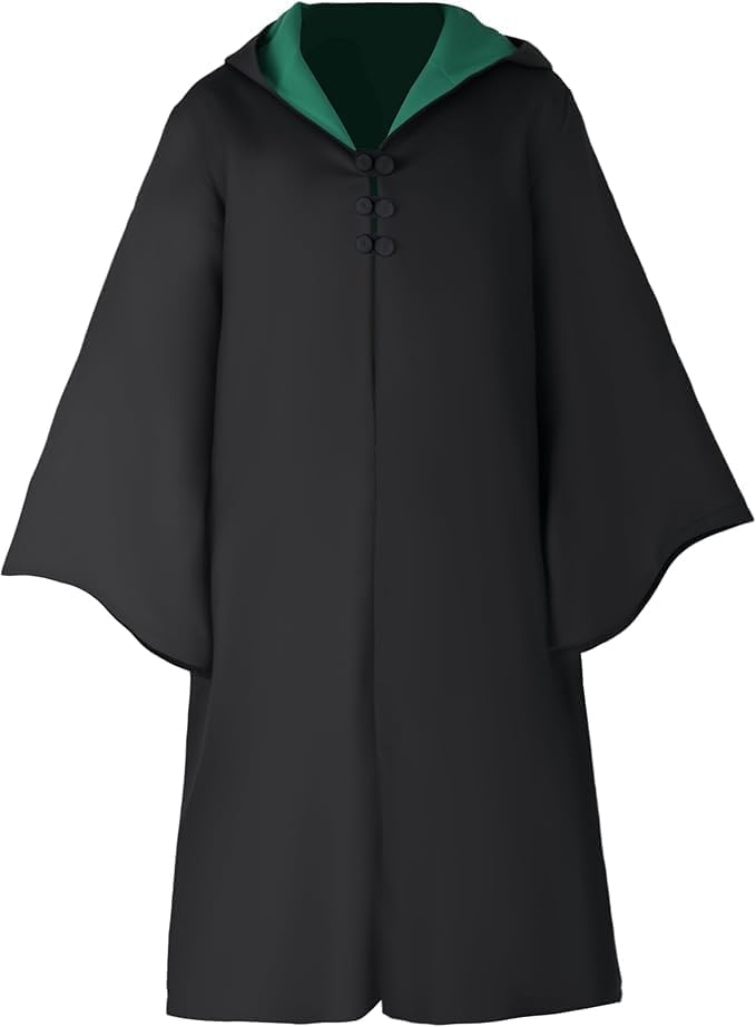 Front view of a black hooded wizard robe with green lining and wide sleeves