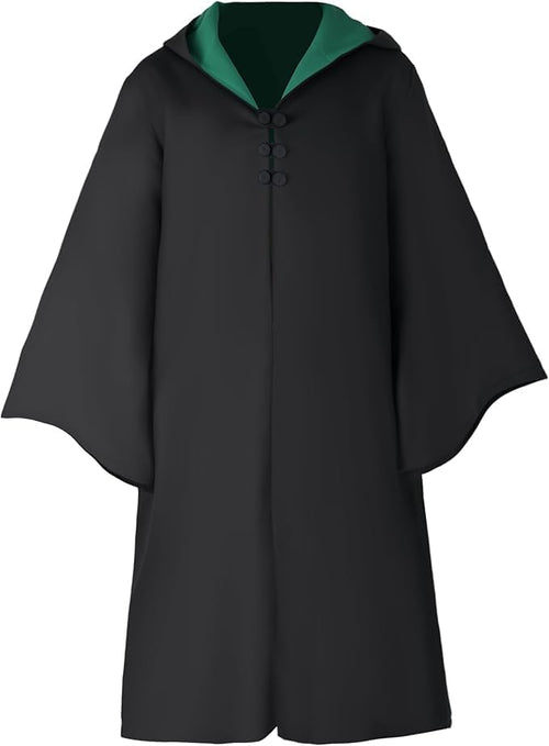 Front view of a black hooded wizard robe with green lining and wide sleeves