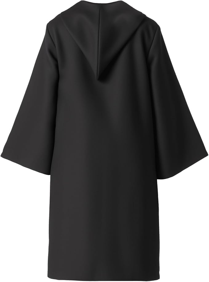 Back view of the black wizard robe with its hood down