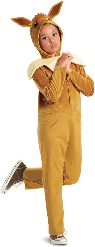 Cosfaire Eevee Pokemon Kids Costume, Pokemon Hooded Jumpsuit with Ears