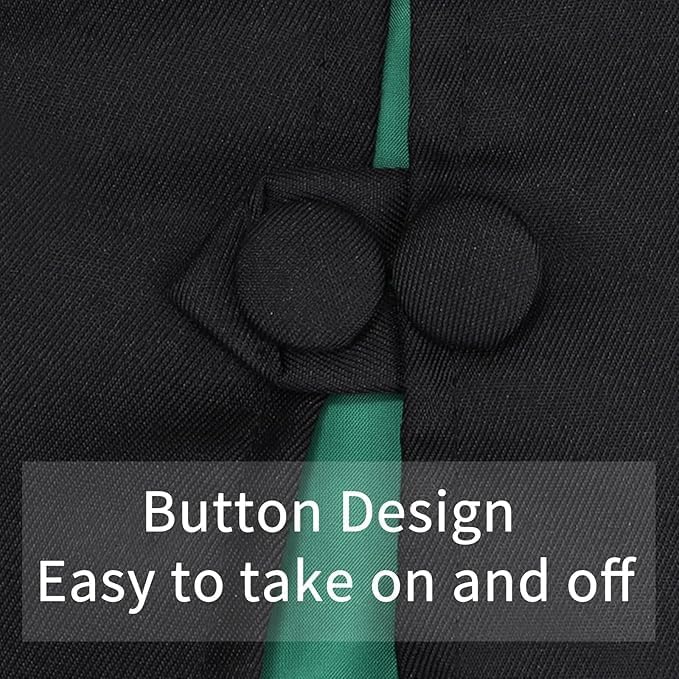 Close-up of the front fastening on the black and green wizard robe