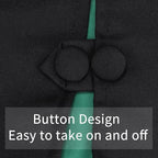 Close-up of the front fastening on the black and green wizard robe