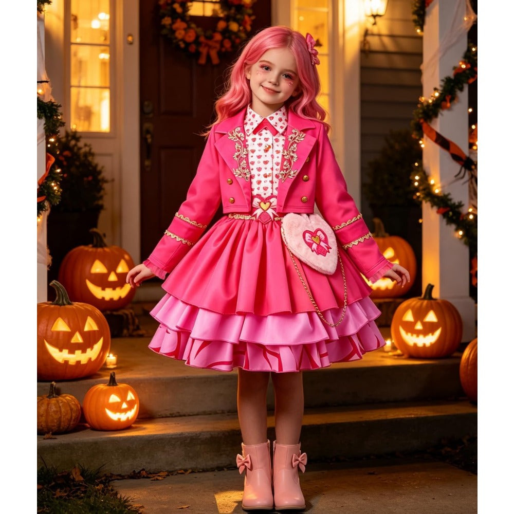 Girl wearing a pink princess costume for Halloween on a decorated porch