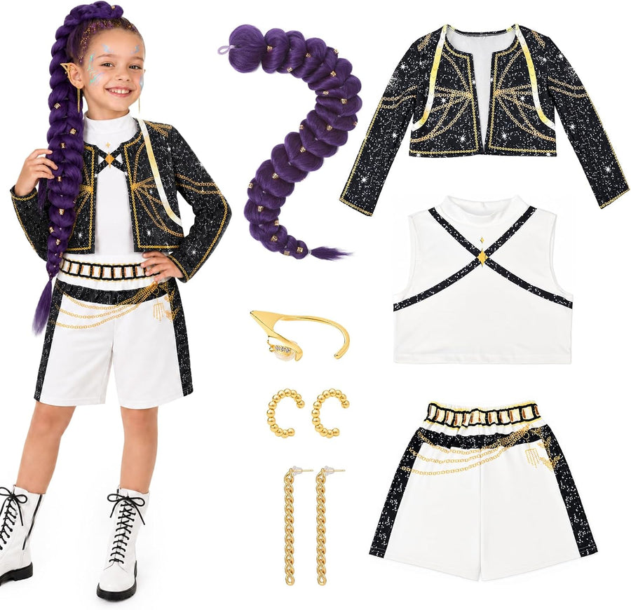 Cosfaire Girls Halloween Costume, Pop Singer Costume, Top Pants with Purple Braid for Cosplay Birthday Party, 4-12 Years