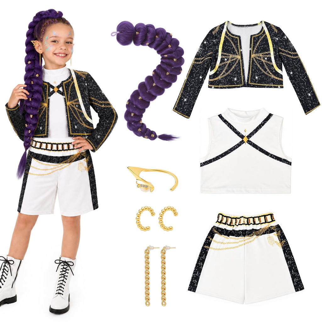 Cosfaire Girls Halloween Costume, Pop Singer Costume, Top Pants with Purple Braid for Cosplay Birthday Party, 4-12 Years - View 7