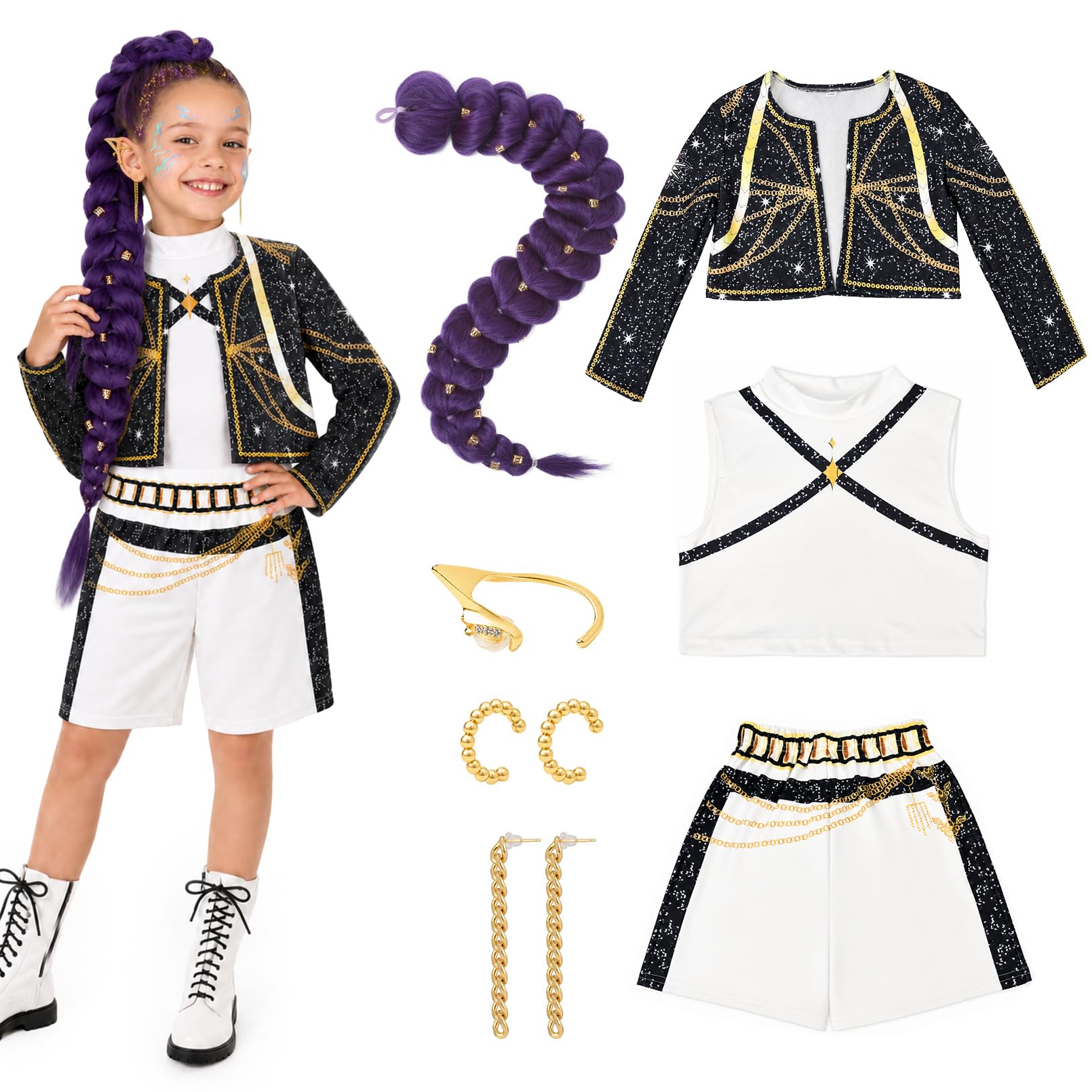 Cosfaire Girls Halloween Costume, Pop Singer Costume, Top Pants with Purple Braid for Cosplay Birthday Party, 4-12 Years - View 7
