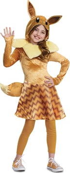 Cosfaire Girls Deluxe Girl's Pokemon Eevee Hooded Costume With Ears & Tail | Kid's Pokemon Eevee Cosplay Dress
