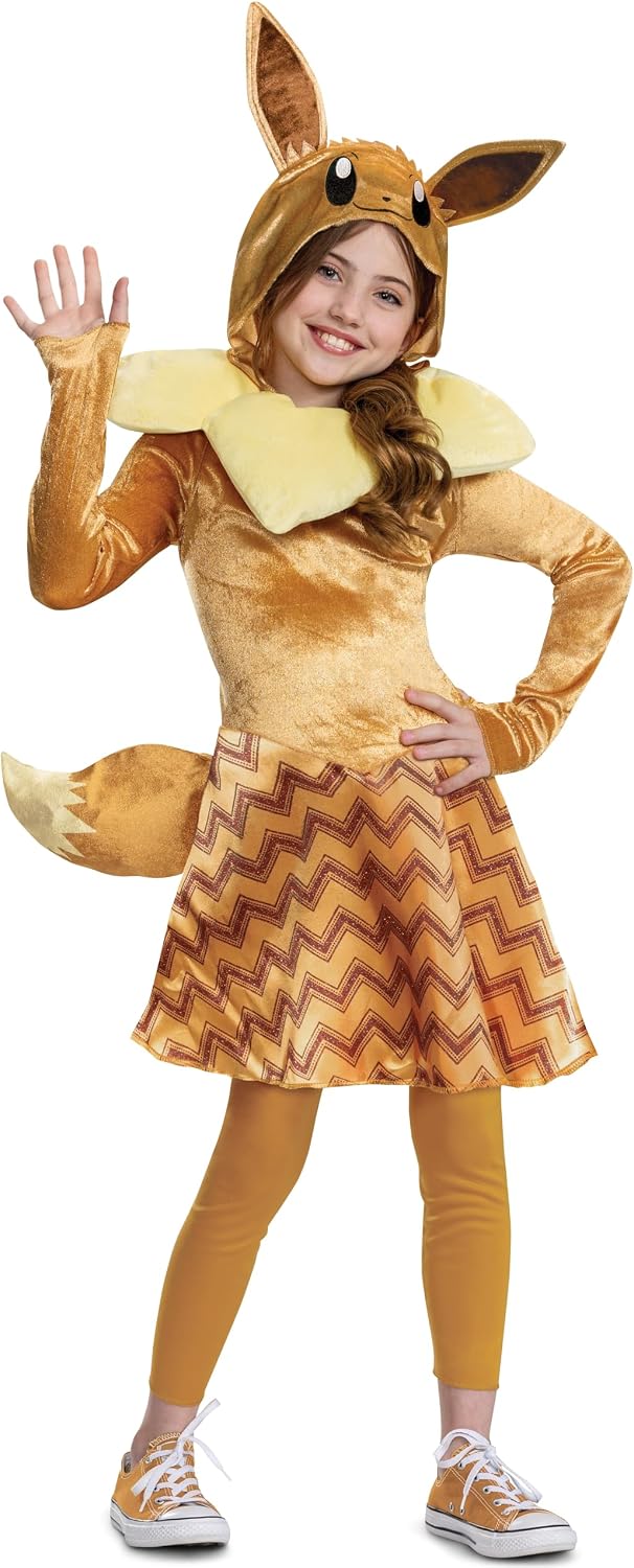 Cosfaire Girls Deluxe Girl's Pokemon Eevee Hooded Costume With Ears & Tail | Kid's Pokemon Eevee Cosplay Dress