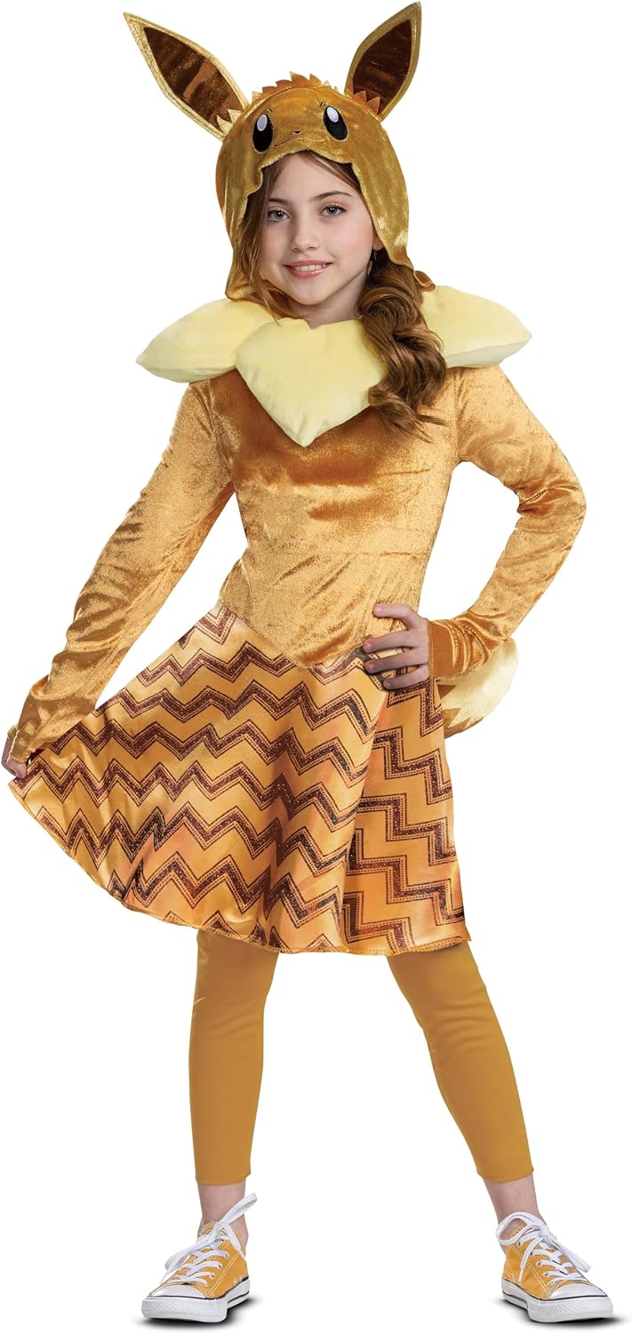 Cosfaire Girls Deluxe Girl's Pokemon Eevee Hooded Costume With Ears & Tail | Kid's Pokemon Eevee Cosplay Dress - View 4
