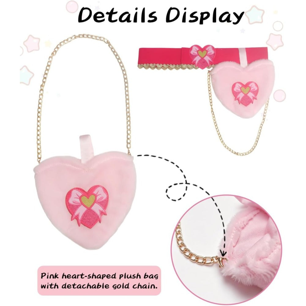 Pink heart-shaped plush bag with detachable gold-tone chain