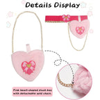 Pink heart-shaped plush bag with detachable gold-tone chain