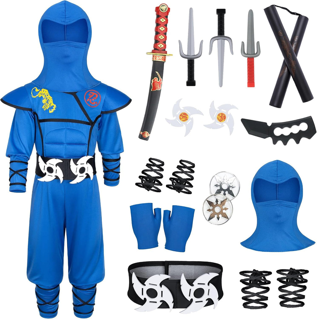 Cosfaire Kids Ninja Costume - Muscle Ninja Costume Suit with Deluxe Ninja Toys for Little Boys & Girls Halloween Cosplay Dress Up