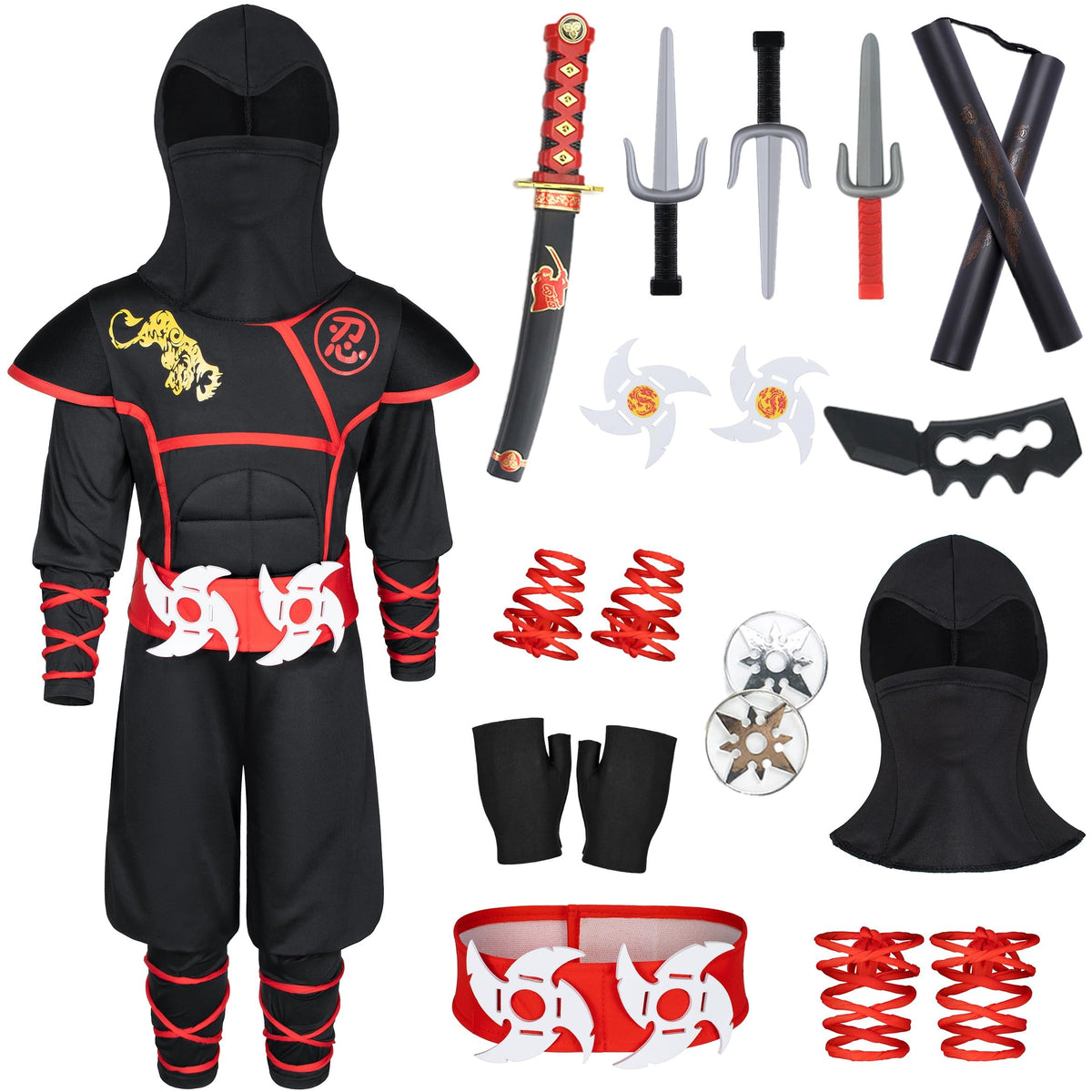 Cosfaire Kids Ninja Costume - Muscle Ninja Costume Suit with Deluxe Ninja Toys for Little Boys & Girls Halloween Cosplay Dress Up - View 8