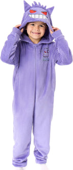 Cosfaire Pokemon Gengar Boys Onesie | Kids Gengar Character Graphic Print Hooded Sleepsuit with 3D Ears in Purple