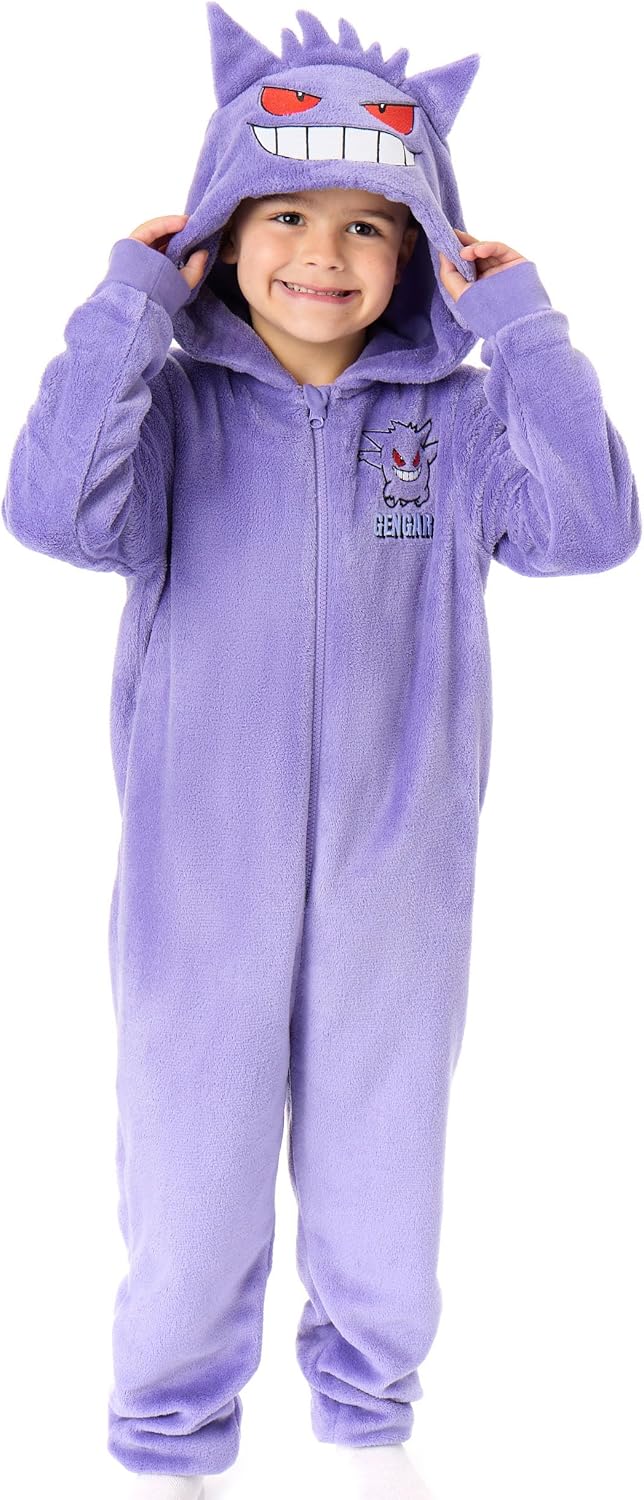 Cosfaire Pokemon Gengar Boys Onesie | Kids Gengar Character Graphic Print Hooded Sleepsuit with 3D Ears in Purple