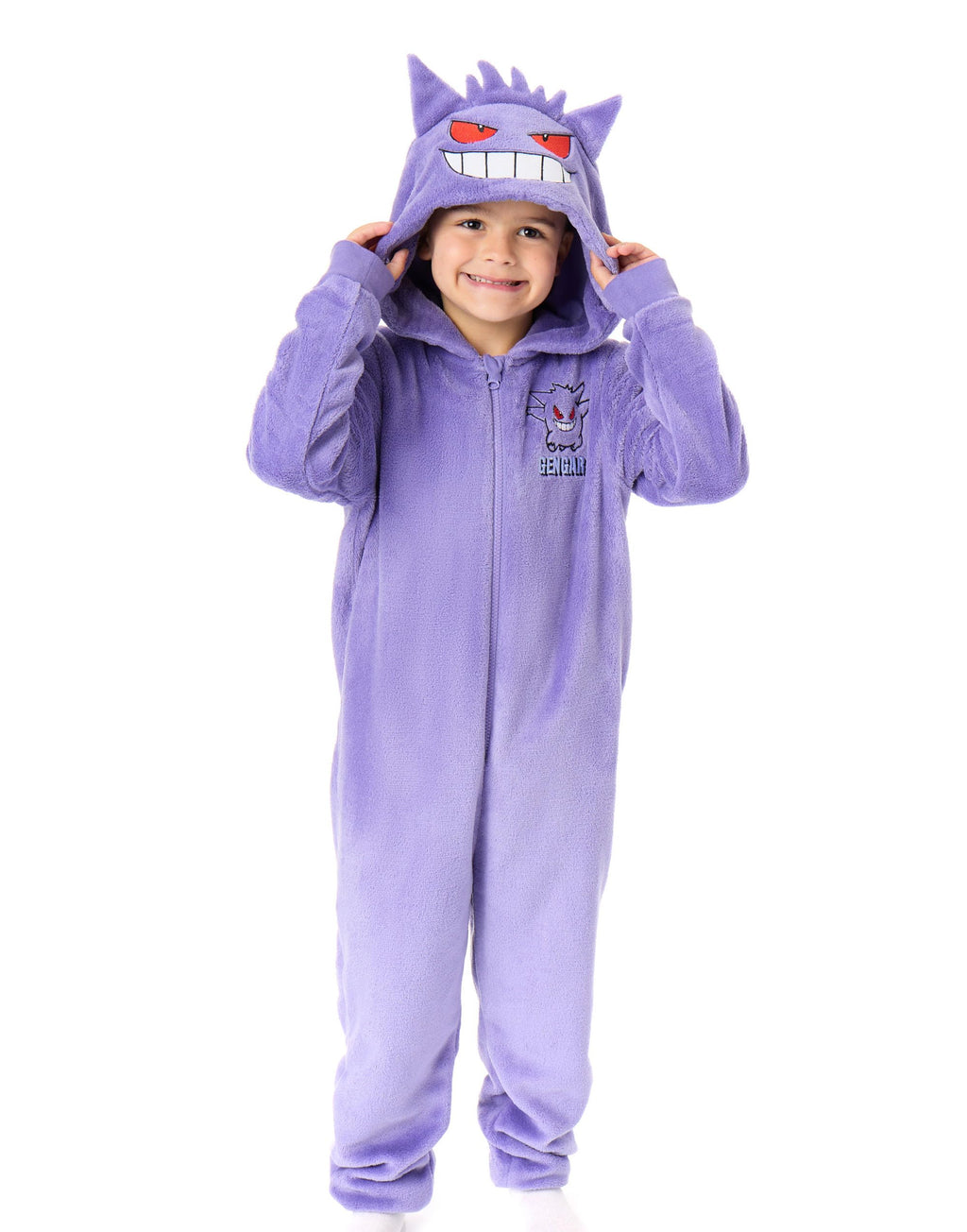 Cosfaire Pokemon Gengar Boys Onesie | Kids Gengar Character Graphic Print Hooded Sleepsuit with 3D Ears in Purple - View 7