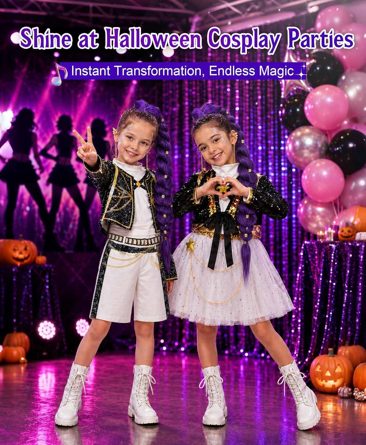 Cosfaire Girls Halloween Costume, Pop Singer Costume, Top Pants with Purple Braid for Cosplay Birthday Party, 4-12 Years - View 2