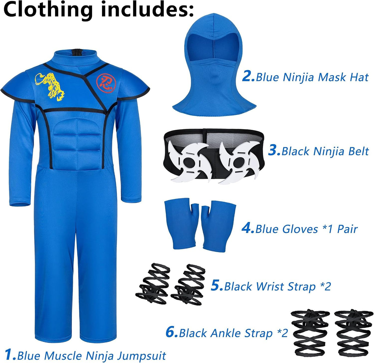 Cosfaire Kids Ninja Costume - Muscle Ninja Costume Suit with Deluxe Ninja Toys for Little Boys & Girls Halloween Cosplay Dress Up - View 2