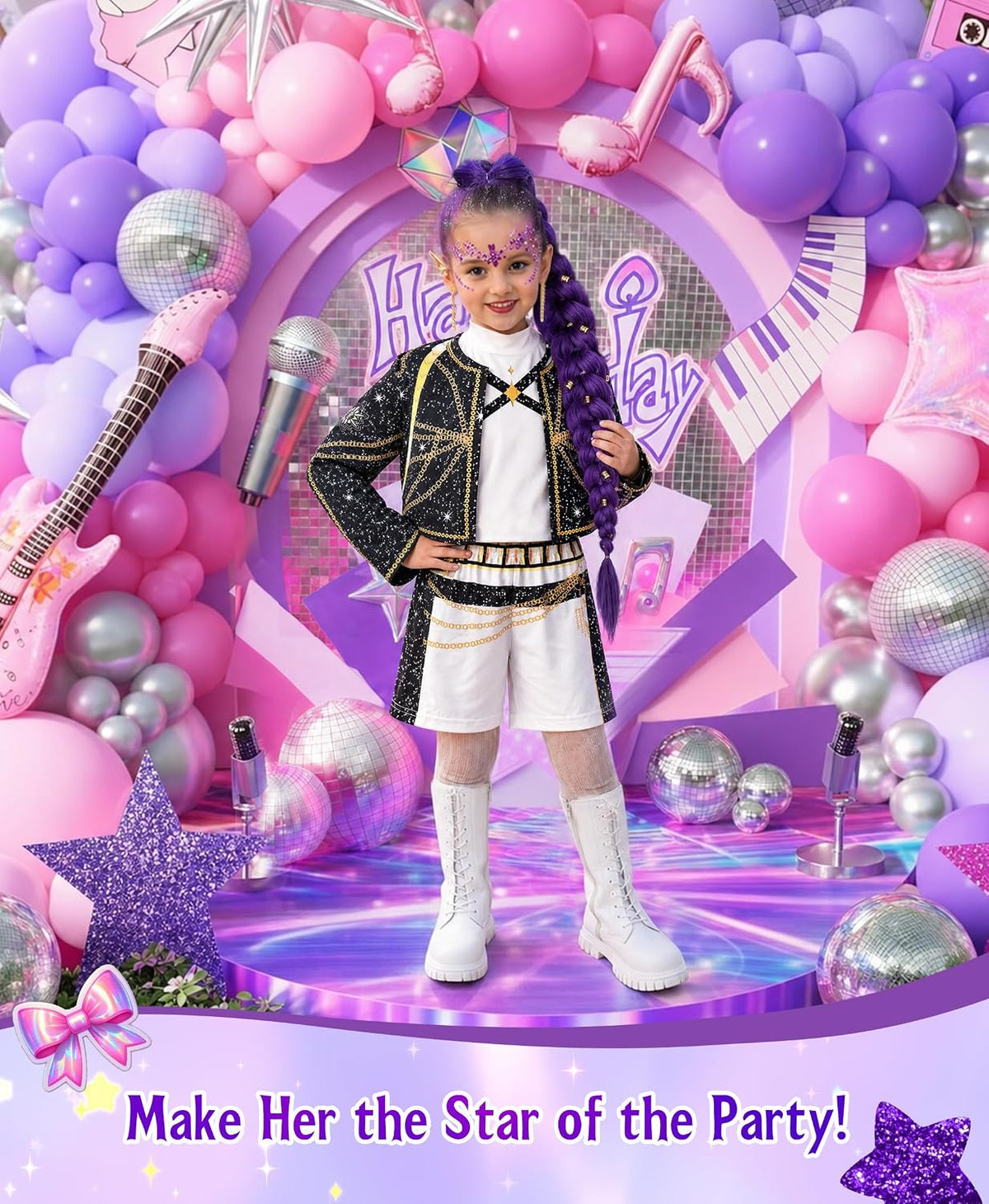 Cosfaire Girls Halloween Costume, Pop Singer Costume, Top Pants with Purple Braid for Cosplay Birthday Party, 4-12 Years - View 3