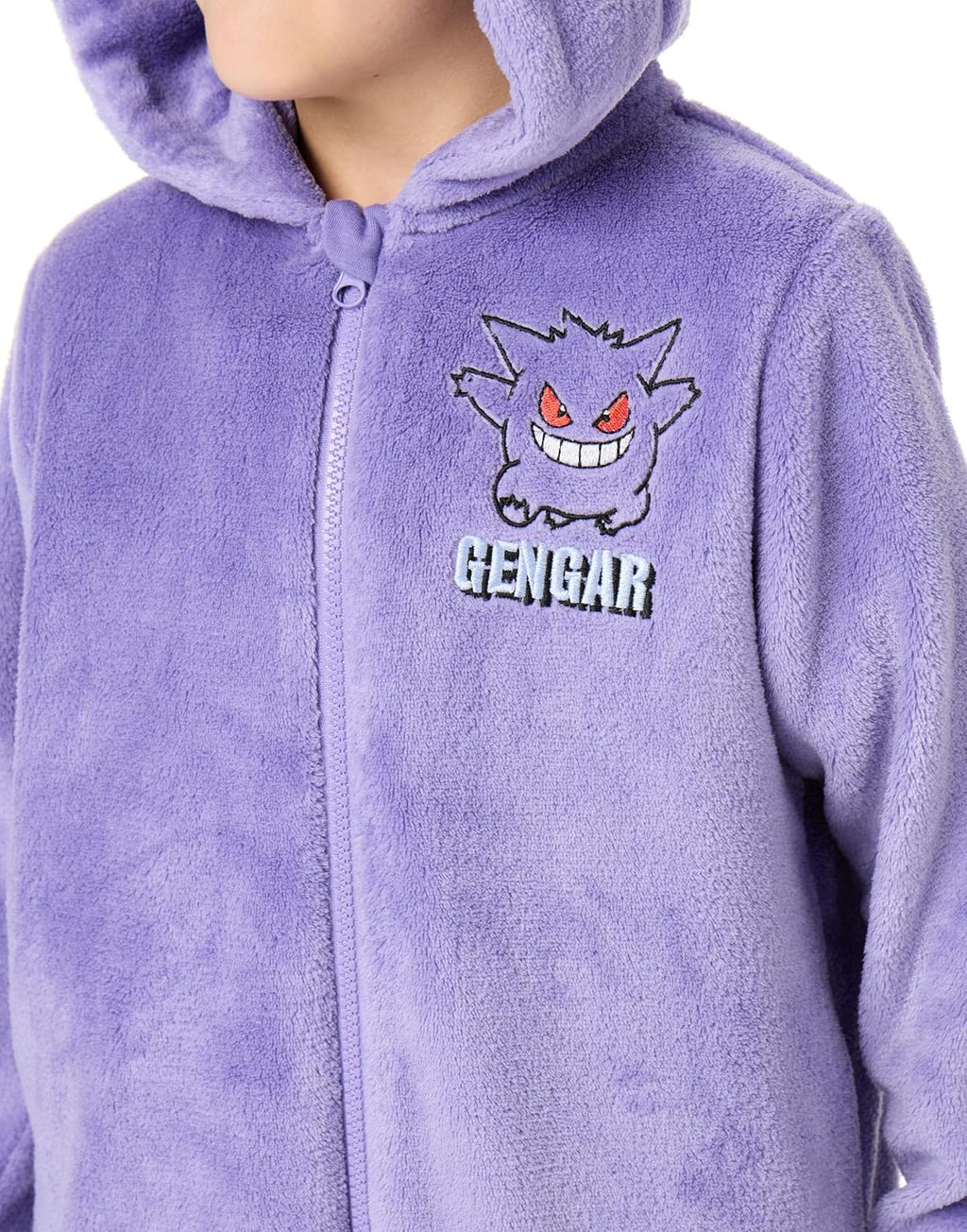 Cosfaire Pokemon Gengar Boys Onesie | Kids Gengar Character Graphic Print Hooded Sleepsuit with 3D Ears in Purple - View 3