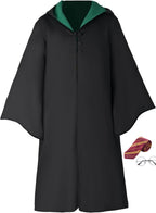 Black wizard robe with green hood lining, pictured beside a striped tie and round glasses