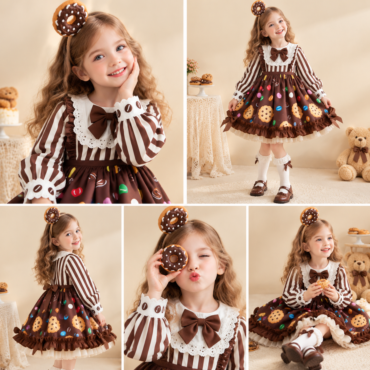 Cute Girls Chocolate Cookie Candy Halloween Costume Dress Striped Long Sleeve Donut Theme Party Cosplay Outfit for Kids Ages 3-9