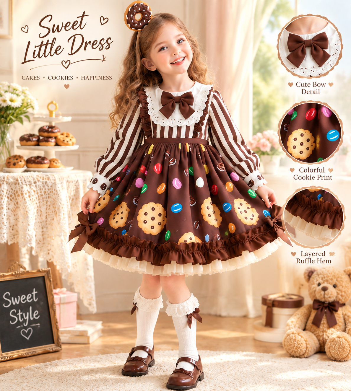 Cute Girls Chocolate Cookie Candy Halloween Costume Dress Striped Long Sleeve Donut Theme Party Cosplay Outfit for Kids Ages 3-9