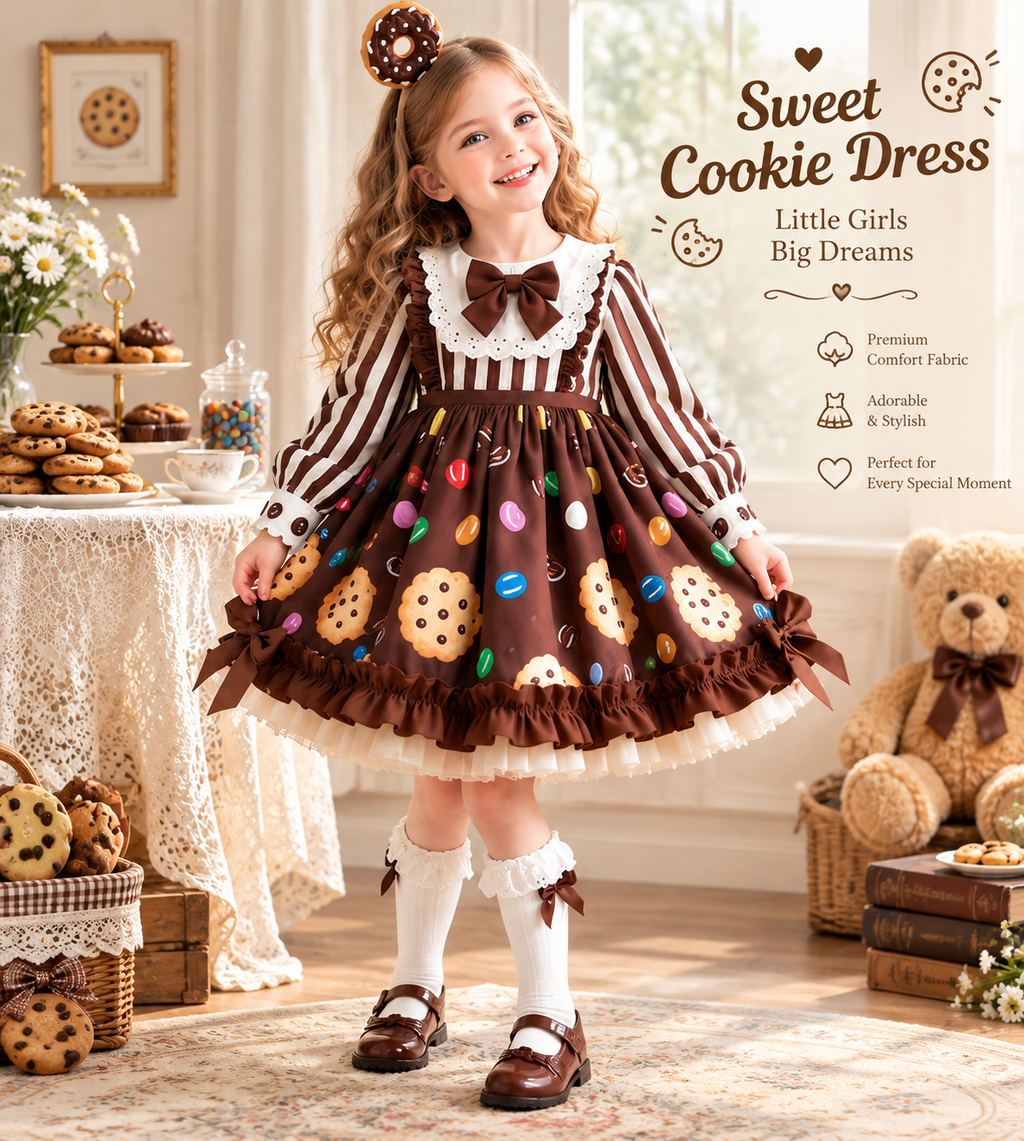Cute Girls Chocolate Cookie Candy Halloween Costume Dress Striped Long Sleeve Donut Theme Party Cosplay Outfit for Kids Ages 3-9