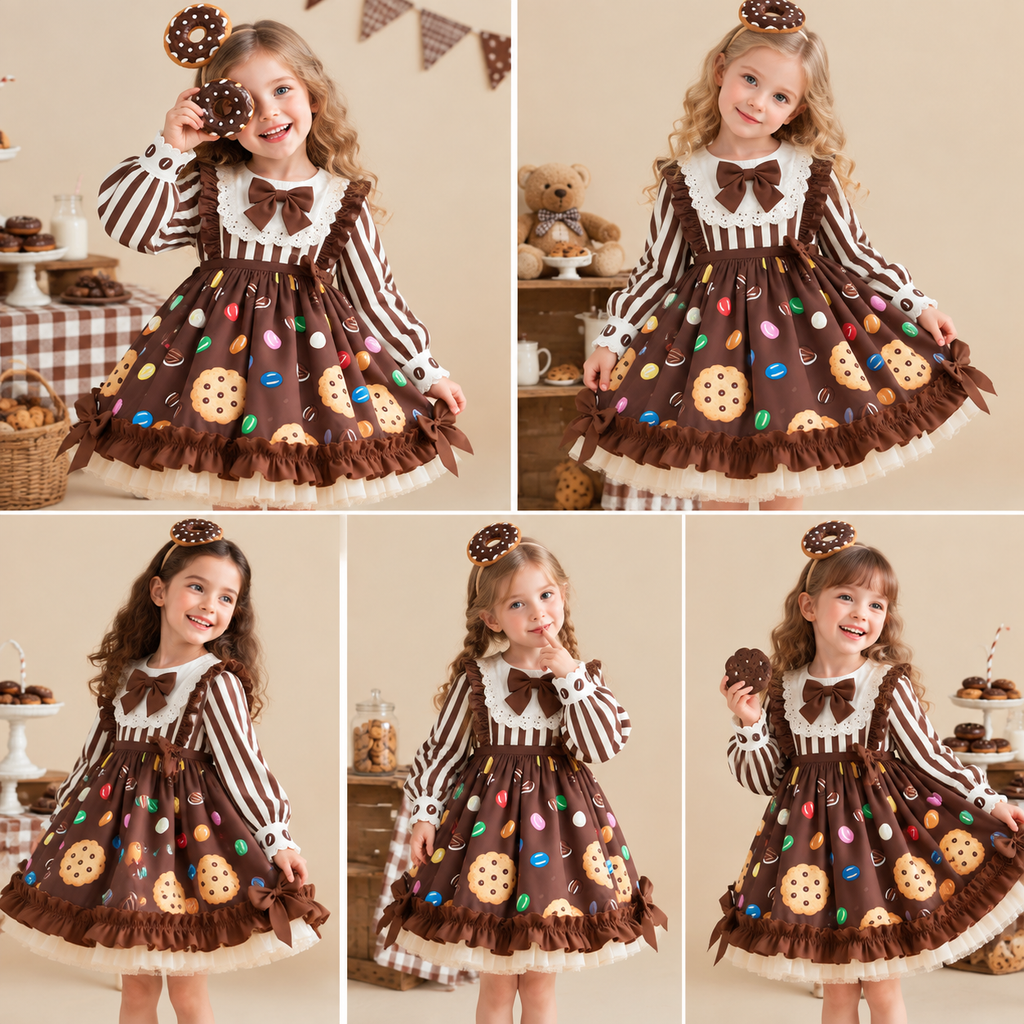 Cute Girls Chocolate Cookie Candy Halloween Costume Dress Striped Long Sleeve Donut Theme Party Cosplay Outfit for Kids Ages 3-9
