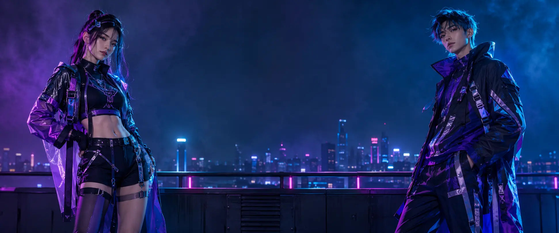 Two models in original neon anime-inspired cosplay costumes